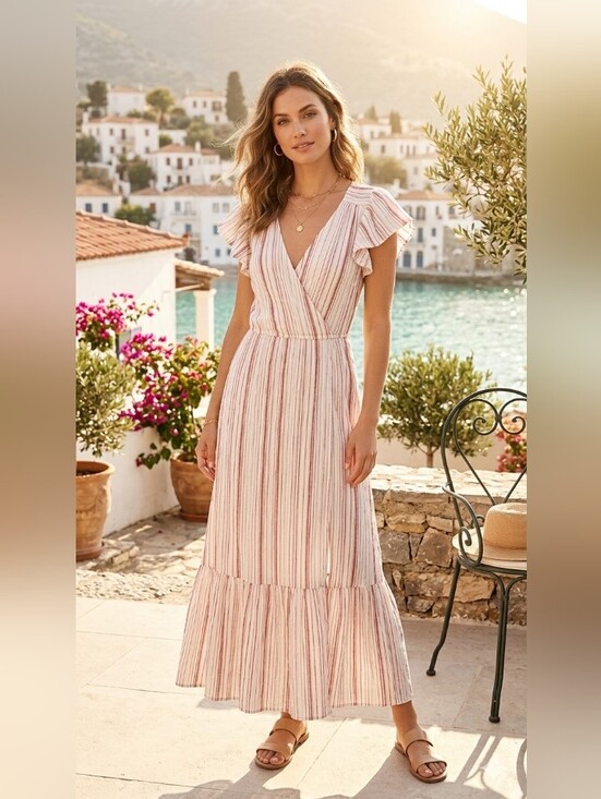 Gentle Fawn Dresses & Skirts - Gentle Fawn Small Striped Pink V-Neck Flutter Sleeve Maxi Dress